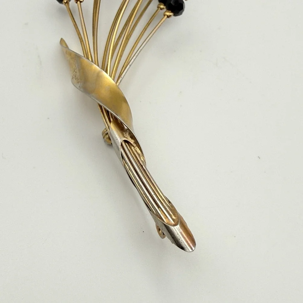 Vintage Gold Tone Spray Brooch Black Faceted Beads Floral Statement Pin